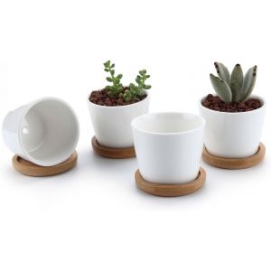 4 Pcs Pot De Succulent En C&eacute;ramique Blanc Rond 5 Cm Avec Plateau En Bambou,Cactus Planteur,Pot Jardini&egrave;re Contenant D&eacute;coration De Maison Et Bureau - Neuf