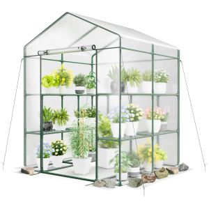 Serre De Jardin Avec 4 Niveaux Et 8 &Eacute;tag&egrave;res 139 X 144 X 195 Cm Protection Optimale Design Contemporain En Pvc Transparent Helloshop26 20_0013566 - Neuf