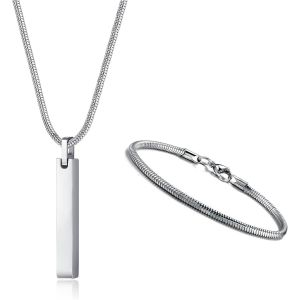 Eryi-Hommes Collier Pendentif Barre En Acier Inoxydable Collier Et Bracelets Pour Hommes Femmes Collier Chaîne Serpent 3mm Et Bracelet Chaîne Serpent Ensemble Longueur 55cm Argent/Noir - Neuf