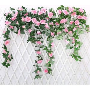 Sjzg-2 Pack 7.2ft Artificielle Faux Rose Guirlande Vignes Suspendus Fleurs En Soie Pour D&eacute;coration De Mur De Mariage Int&eacute;rieur En Plein Air (Rose) - Neuf