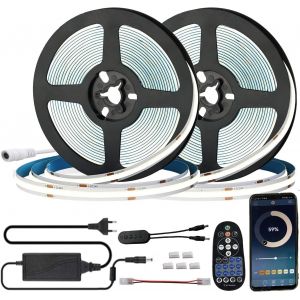CHENG-Ruban à COB LED 10m (2x 5m), Blanc Froid 6000K, dimmable 8mm bande lumineuse, contrôle Bluetooth APP avec alimentation 12V+ télécommande RF, auto-adhésif, flexible - Neuf