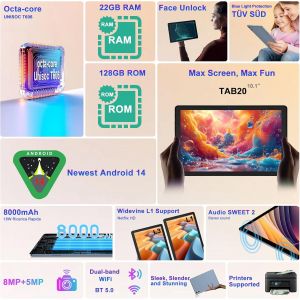 BLAZEFLUX-Tablette Android 14, 22G 128G/1TB extensible, 10 pouces 8000 mAh, octa-core, GPS, ecran divise, deblocage facial, 2 en 1 - Neuf