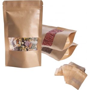 Sac Papier Kraft avec Fenêtre 100 Pièces-Sachet Zip Alimentaire Marron pour Thé et Épices (10 * 15cm) - Neuf