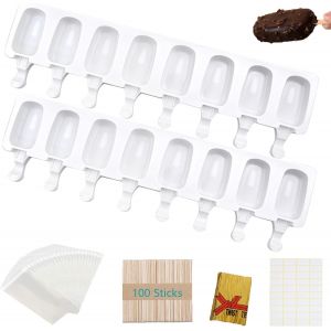 Eryi-® Lot 2 Moules À Glace Silicone Avec 8 Cavités, Moule Magnum Cake, Moule Glace À L'eau, Bpa Free, Avec 100 Bâtonnets En Bois, 100 Sacs Opp, 100 Bandes D'emballage Et 100 Autocollants - Neuf