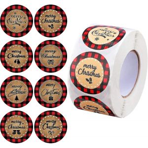 500 Pi&egrave;ces Joyeux No&euml;l Autocollants Buffalo Plaid Kraft Autocollants 2 Pouces No&euml;l Rond Labe - Neuf