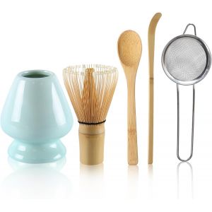 KALANKA-Lot de 5 accessoires à matcha avec fouet, cuillère, pelle et porte-balai en céramique - Accessoires pour matcha avec passoire (vert) - Neuf