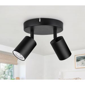 Plafonnier 2 Spots Led Orientable, Spots De Plafond Gu10, Plafonnier Spot Noir, Luminaire Spot Rampe Spot, Applique Spot Rond Pour Cuisine, Salon, Chambre (Sans Ampoule) - Neuf