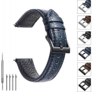Kal-Bracelet Montre En Cuir 20mm, Bracelet De Montre Noir Pour Homme En Cuir Litchi, Bracelets Montres Souple De Remplacement, Montre Bracelet Avec Boucle Argentée, 20mm 22mm - Neuf