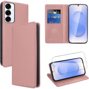 Kal-Coque Cuir Pour Samsung Galaxy S25 Plus 6.7"" Avec 1 Verre Trempé Etui À Rabat En Pu Porte-Cartes Portefeuille Support Flip Housse Magnétique Antichoc Anti-Rayures Case,Rose-Gold - Neuf