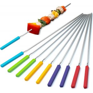 Lot de 10 brochettes de barbecue avec poign&eacute;e en silicone, 405 mm de long, brochettes en acier inoxydable, s pour griller, barbecue, sac de rangement inclus (10 Pi&egrave;ces, Multicolores) - Neuf