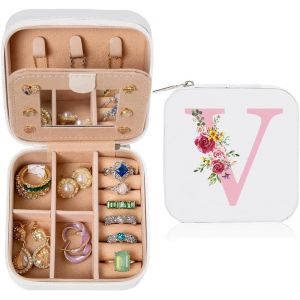 Trahoo-Bo&icirc;te &Agrave; Bijoux Avec Lettre Initiale V Petit Boite A Bijoux Femme Avec Miroir Boite &Agrave; Bijoux De Voyage Coffret &Agrave; Bijoux En Cuir Pu Pour Femme Et Fille Cadeau Pour Mariage Anniversaire No&euml;l, Bla - Neuf