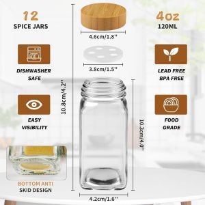 Pot &Agrave; &Eacute;pices En Verre Et Bois,12 Pi&egrave;ces Bocaux &Agrave; &Eacute;pices 120ml Boite &Agrave; &Eacute;pices Verre Pour Cuisine Rangement Avec &Eacute;tiquettes Epices Tamis Entonnoir Brosse. - Neuf