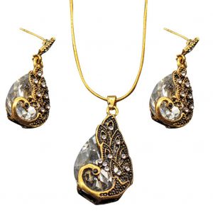 Parure De Bijoux Ethniques Pour Femme, Collier Et Boucles D'oreilles En Alliage De Pierres Precieuses Artificielles En Forme De Goutte D'eau (Blanc) - Neuf