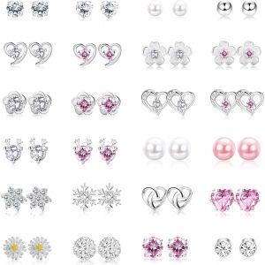 Kal-24 Paires De Boucles D'oreilles En Argent 925 Sterling Boucles D'oreilles En Zirconium Perle Cristal En Forme De Coeur Boucles D'oreilles En Forme De Fleur Cz Bijoux Pour Femmes Filles - Neuf