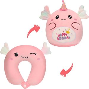 Oreiller De Voyage 2 En 1 Pour Enfants, Coussin Tour De Cou Réversible De 25,4 Cm, Jouet En Peluche Axolotl En Forme De U, Confortable En Avion, Voiture, Train, Sieste, Lecture - Neuf