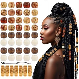 Mevronisshop-Lot De 60 Perles En Bois Imprim&eacute;es - Perles En Bois Naturelles &Agrave; Grand Trou - Perles R&eacute;tro Pour Cheveux - D&eacute;coration De Tresses - Perles En Bois Pour Bricolage - D&eacute;coration De Tube De Ch - Neuf