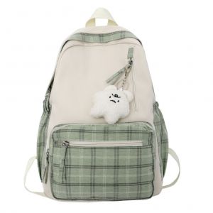 Sac A Dos A Carreaux Mignon Avec Pendentif En Peluche, Sac A Dos Leger De Grande Capacite Pour Etudiant, Sac D'ecole, Sac A Dos Decontracte Pour Voyage En Plein Air, Camping, Pique-Nique - Neuf