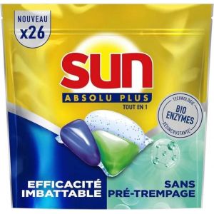 SUN - Absolu Plus Pastilles Lave-Vaisselle Tout en 1 Bio-Enzymes - 26 Capsules - Neuf