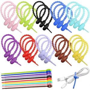 MEVRONISSHOP-30 Pi&egrave;ces Multi Usages Silicone Cable Ties, Color&eacute;es Attaches C&acirc;ble R&eacute;utilisables Serre Cable, 21,5cm, Organisateur Cable, Sac &agrave; Pain Clip Parfaits pour Maison, Bureau, &Eacute;tude (10 Couleur - Neuf