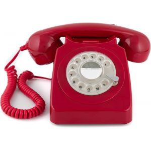 746 T&eacute;l&eacute;phone Fixe R&eacute;tro De Style Ann&eacute;es 1970 &Agrave; Cadran Rotatif - Cordon Extansible, Sonnerie Authentique - Rouge - Neuf