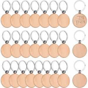 MEVRONISSHOP-25 Pi&egrave;ces Porte-Cl&eacute;s en Bois Vierges, Porte Cl&eacute;s Bois Brut avec Anneaux, Porte-cl&eacute;s Ronds Naturel Personnalis&eacute; pour Bricolage Artisanat Gravure Pyrogravure - Neuf