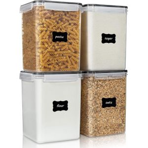 Checarzhn--No1-Lot De 4 Grandes Boîtes Hermétiques En Plastique Sans Bpa Pour Farine, Sucre, Fournitures De Cuisson, Riz Avec Couvercles, 4 Tasses À Mesurer Et 24 Étiquettes, 5,2 L, Noir - Neuf