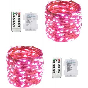 KAL-Lot De 2 Guirlandes Lumineuses 100 Led De 10 M À Piles (Non Incluses) Avec Télécommande, Rose, 8 Modes, Minuterie Et Intensité Variable Pour Décoration De Noël, Chambre À Coucher, Intérieur - Neuf