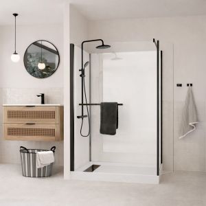 Cabine de Douche &agrave; l'Italienne 120x90 - Colonne Thermostatique Noire et Receveur Haut Effet Pierre - Neuf