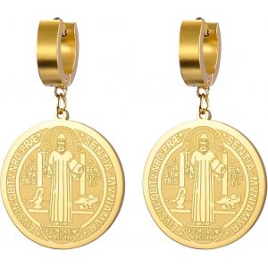 Kal-Boucles D'oreilles Catholiques Saint Benoît Pendentif Saint Benoît En Acier Inoxydable Jésus Croix Religieux Amulette De Force Paix Prière Bijoux Pour Hommes Femmes - Neuf