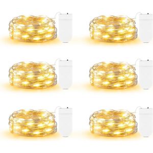 JGD-Lot de 6 guirlandes lumineuses &agrave; piles, 2 m, 20 LED, &eacute;tanches, mini guirlandes lumineuses en fil argent&eacute; pour bocaux Mason DIY, f&ecirc;te, mariage, d&eacute;coration de table de No&euml;l (blanc chaud) - Neuf