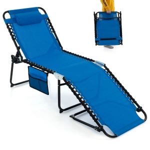 Chaise Longue Pliante 189 X 59 X 40 Cm R&eacute;glable 4 Positions Appui-T&ecirc;te Amovible Design Moderne En Tissu Bleu Helloshop26 20_0011252 - Neuf