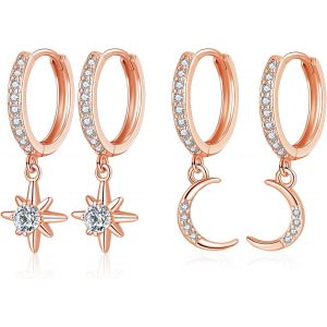 Kal-Boucles D'oreilles Créoles En Argent 925 Avec Pendentif, Boucles D'oreilles Pendantes En Argent Sterling 925 Avec Lune Et Étoile, Boucles D'oreilles Créoles Pendantes Pour Femme Et Fille - Neuf