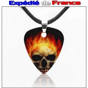 Collier Avec Pendentif M&eacute;diator T&ecirc;te De Mort Skull Crane En Flamme Feu - Rock M&eacute;talleux - Zone Rebel - Neuf