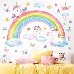 ERYI-Stickers Muraux Arc En Ciel Licorne Autocollant Mural Fille Papillons Nuages Décoration Murale Chambre Enfants Fille Bébé Pépinière Salon - Neuf