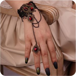 Eryi-Bracelet En Dentelle Avec Anneau Et Pierre Précieuse, Gothique, Accessoire Costume Halloween, Bague Bracelet Or Strass Chaîne Esclave Bracelet Vintage Couches Gland Bracelet - Neuf