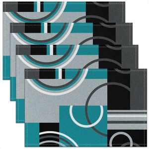 ERYI-Lot De 4 Sets De Table Modernes Turquoise, Napperons Géométriques Cercles, Dessous De Plat Gris Noir Essuyable, Tapis De Table Rayures Tourbillons Graphique, 45Cmx30Cm - Neuf
