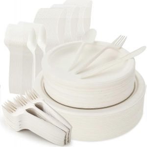 Ensemble D'assiettes Et De Couverts Jetables De 250 Pièces,Le Kit De Vaisselle En Bagasse Compostable Comprend Des Assiettes En Papier De 7 Pouces Et 9 Pouces,Des Compatibles,Des Couteaux Et Des Cuill - Neuf