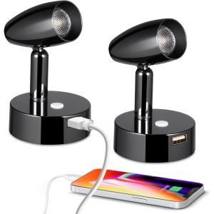 2 X Lampe De Lecture Dc 12v Led Luminosité Réglable Applique Murale 3200k Pour Camping-Car Bateau Caravane Voiture Van Chevet, Avec Chargeur Usb & Veilleuse Bleue, Noir Brillant - Neuf