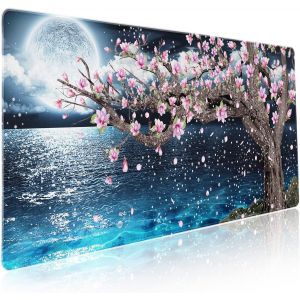Grand tapis de souris pour gaming motif sakura fleurs de cerisier, magnolia, oc&iquest;&iquest;an, lune, nuit, avec dos antid&iquest;&iquest;rapant en caoutchouc et bords cousus, taille XXL, 90 x 40 cm - Neuf