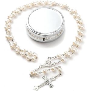 Kal-Rosariene Pearls Catholic - Confirmation Gifts For Teenage Girls, Silver Simple Style Metal Gift Box, White Imitation Pearl Rosary - Neuf