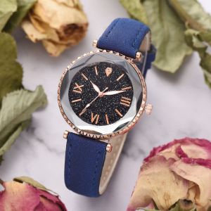 Montre-Bracelet A Quartz Pour Femme, Bracelet En Pu, Chiffres Romains, Cadran Rond, Bleu - Neuf