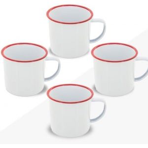 Eryi-- Ensemble De Tasses Émaillées 350 Ml Café/Thé/Chaud/Froid, Tasse Vintage De Camping, Pique-Nique Ou Voyage, Design Rétro Couleurs Pleines, Léger, Portable Et Durable (Blanc Avec Rouge, 4 - Neuf