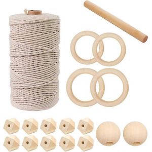 Ensemble de coton macramé 3 mm x 100 m Cordon de coton Fil de coton Fil de cordon naturel avec tiges en bois Anneaux en bois Bricolage bricolage pour bricolage Tenture murale plante H - Neuf