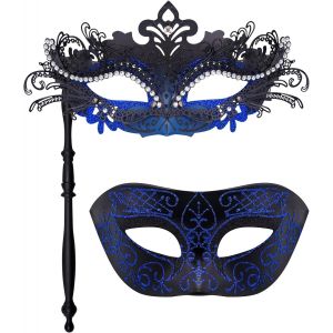 Couple Masquerade Masks with Holding Stick Venetian Party Mask Halloween Costume Carnival Mask for Couples Women and Men - Neuf