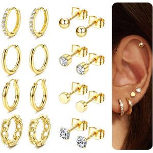 8paires Boucles D'oreilles Femme Boucles D'oreilles Acier Inoxydable Boucles D'oreilles Zirconium Cubique Or 14k,Boucles D'oreilles Huggie Cartilage,Piercing Oreille Multiple.[X2456] - Neuf