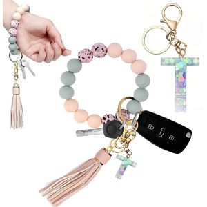 Kal-Porte-Cl&eacute;s Fille Avec Initiales, Porte-Cl&eacute;s Pour Femme, Bracelet Pour Femme, Porte-Cl&eacute;s De Voiture, Perles En Silicone, Cha&icirc;ne De Cl&eacute;s Pour Femme - Neuf