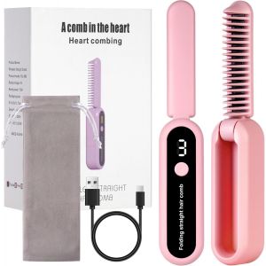 KALANKA-Brosse Lissante Cheveux, Mini et Pliable Lisseur Cheveux Brosse Rapide Des, Lisseur Chauffant Peigne À Cheveux Lisseur Barbe Homme, 9 Températures Réglables, Portable, Chauffage Rapide - Neuf