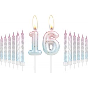Eryi-Lot De Bougies D'anniversaire Avec Bougie En Spirale Rose Et Bleue Pour Gâteau De 16e Anniversaire De Fille Et Garçon, Fête D'anniversaire, Rose Et Bleu, Numéro 16 Pour Femme, Activité, - Neuf