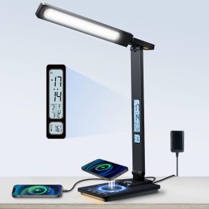 Lampe De Bureau Led Avec Chargeur Sans Fil & Port Usb, 5 Couleurs Luminosit&eacute; Variable Touch Control, Lampe Chevet 2 Veilleuses, Large &Eacute;cran Lcd Horloge Temp&eacute;rature, Lampe Pour Bureau &Eacute;tude - Neuf