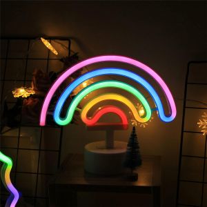 Veilleuse Néon Led Multicolore-Arc-En-Ciel-Avec Base-Fonctionne Avec Piles-Pour Chambre D'enfant,Salon,Festival,Fête - Neuf